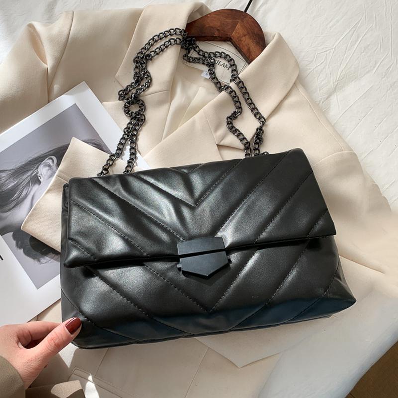 

Fashion Simple PU Leather Crossbody Bag For Women 2021 New Solid Color Shoulder Messenger Bag Lady Chain Travel Large Handbag, Black