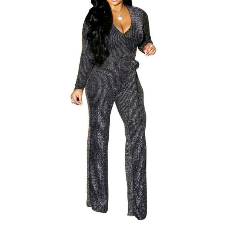 2021 New Sexy Jumpsuit Long Sleeves Wide Leg Deep v Neck Women Black Glitter with Sashes Female Slim Lage Size Romper Elastic Playsuits 309w-image-662932122