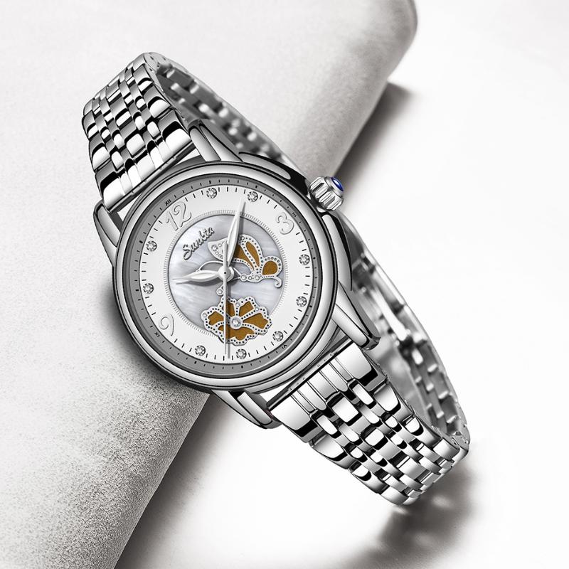 

Wristwatches 2021 Watches Women SUNKTA Fashion Luxury Rhinestone Dial Quartz Clock Waterproof Stainless Steel Band Wristwatch For Ladies, Sliver gold