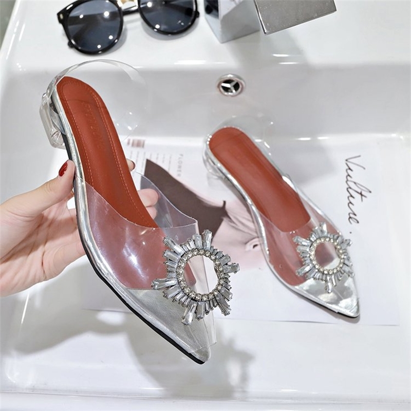 

Transparent sandals new sexy pointed rhinestone low heel crystal shoes wedge sandals flat sandals transparent heels clear shoes 210306, Silver