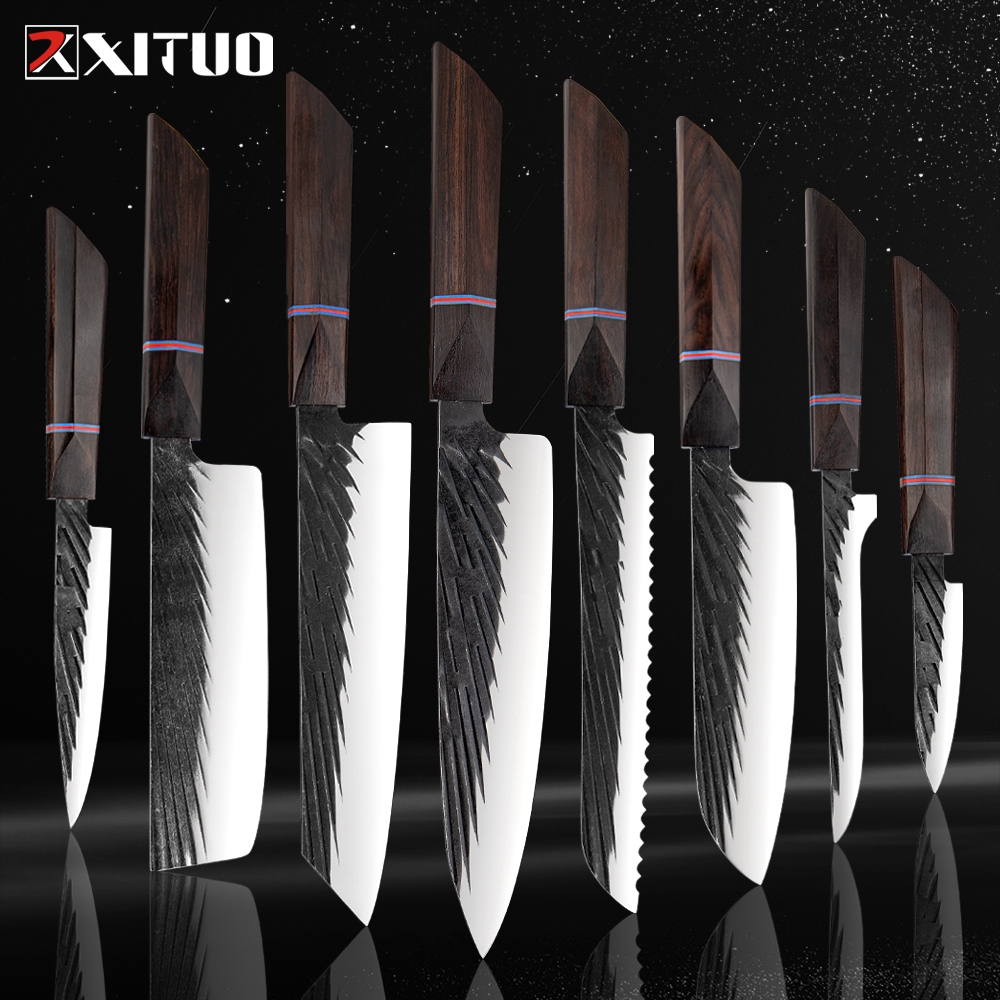 

XITUO 8 Sets Kitchen knives Handmade Forged Japanese Sharp Chef Knife 440C Stee Ceaver Kiritsuke Santoku Utiity Paring Knife