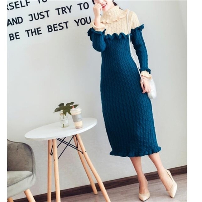 

Sweater Slim Dress Autumn Winter Retro Elegant Large Lapel Collar Color Matching Thin Temperament Long Sleeve 211109, Blue