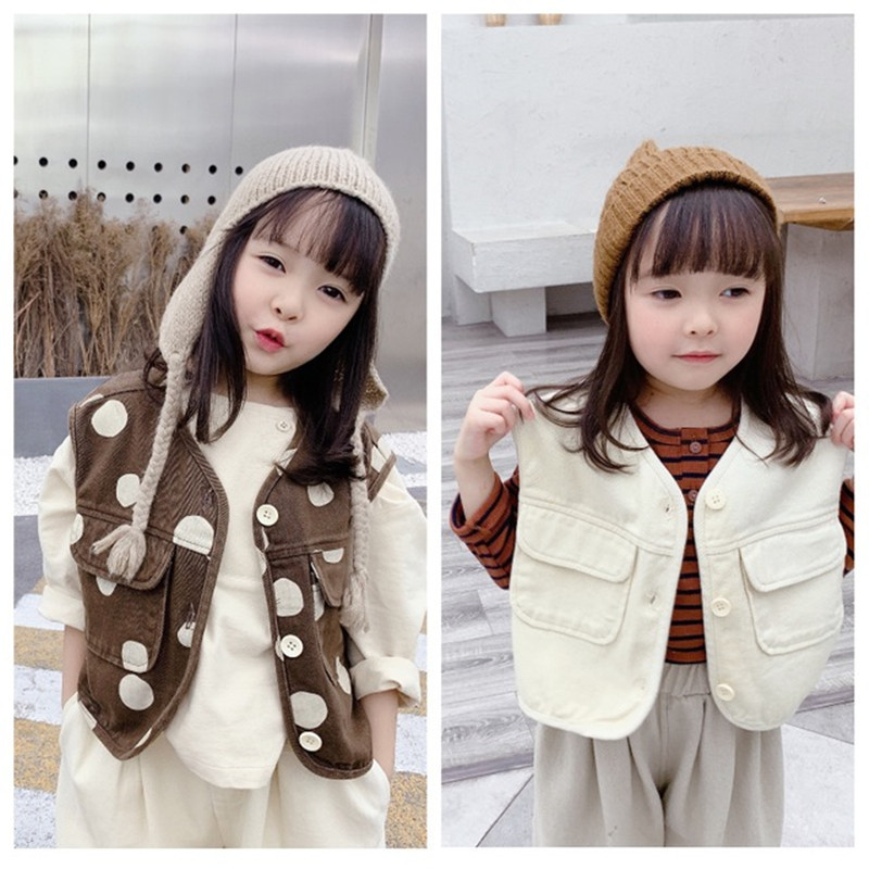

2021 New Fashion Autumn Japanese Style Kids Gilet Boys Girls Winter Waist Coat Children Polka Dots Outerwear Baby Vest Addu, Beige