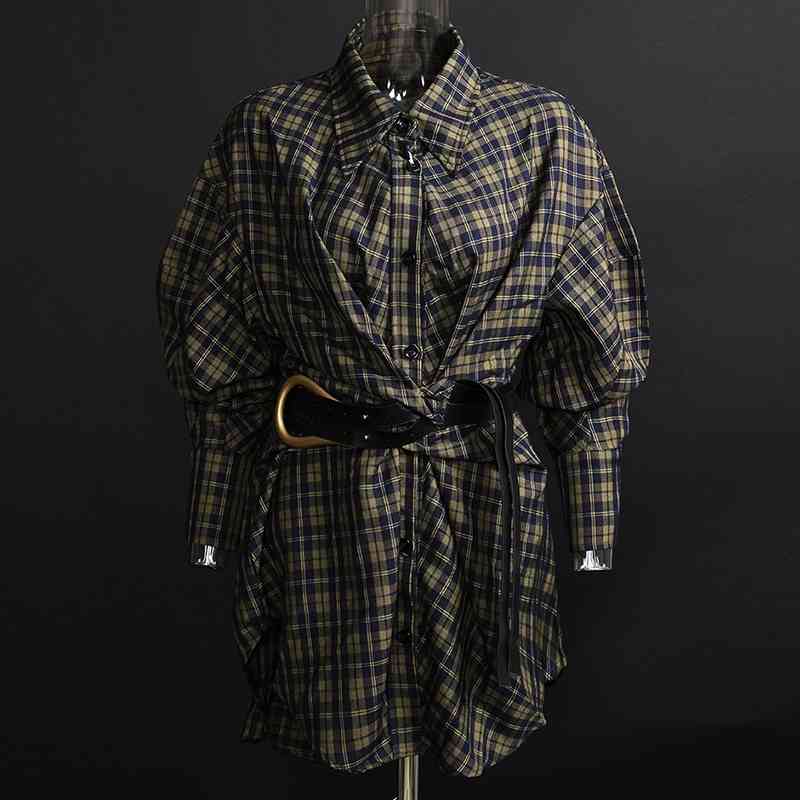 Casual Dresses Women Plaid Shirt Asymmetrical Spring Autumn High Waist Sashes Ruched EB6K-image-702309321