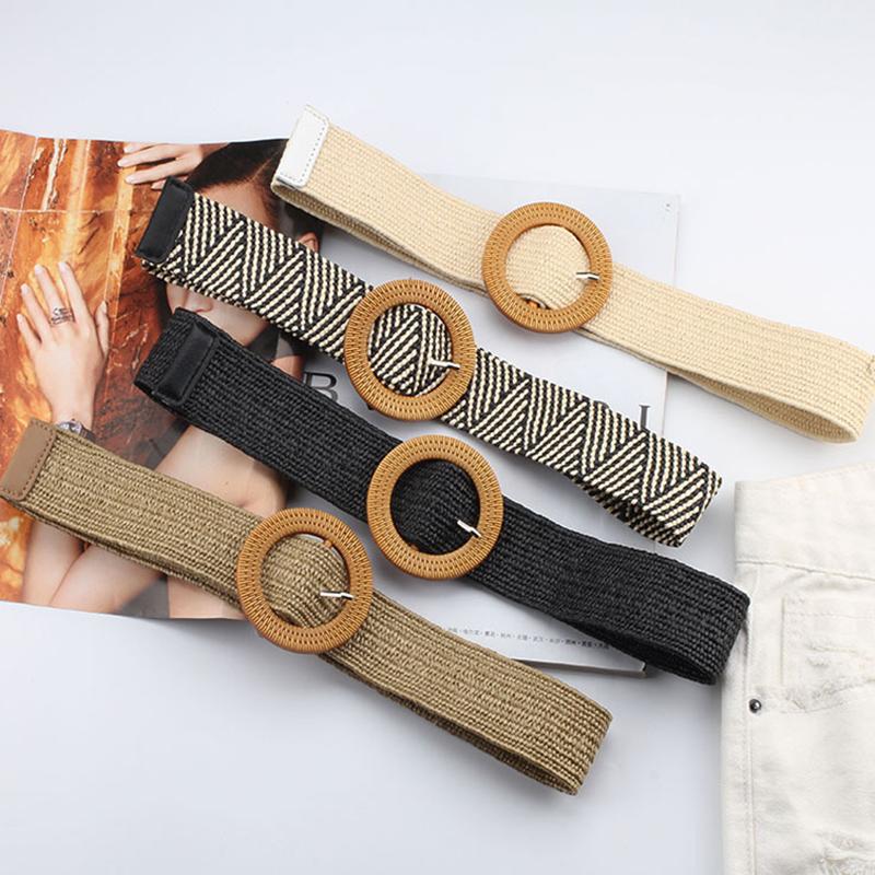 

Belts Vintage Bohemian Wide Belt Summer Wooden Buckle Wild Braided Female Leopard Linen Weave Women Fake Straw Waist, Black;brown