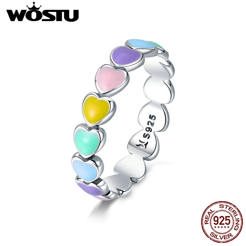 

WOSTU 925 Sterling Silver Multi-Color Rainbow Heart Finger Rings For Women Fashion Anniversary Ring Jewelry Gift CQR444