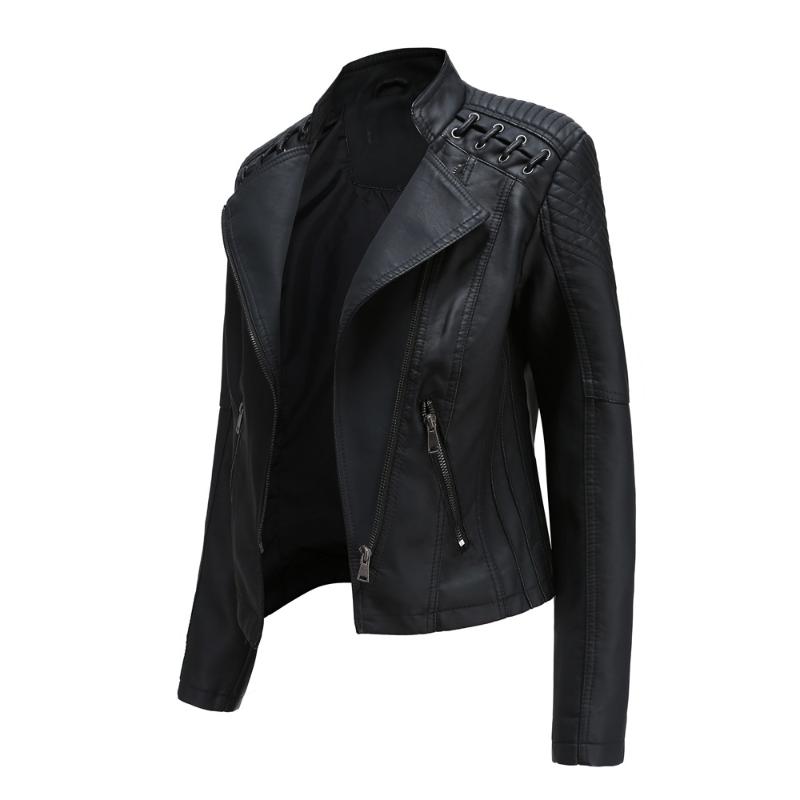 

Women's Leather & Faux Spring And Autumn Blue Jacket Ladies Pure Color Belt Zipper Motorcycle Casual Vest, Black
