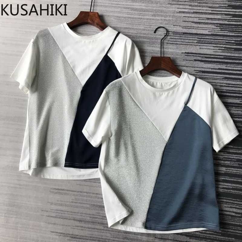 

Korean Contrast Color Patchwork T Shirt Short Sleeve O-neck Women Shirts Causal Summer Graphic 6G570 210603, Blue