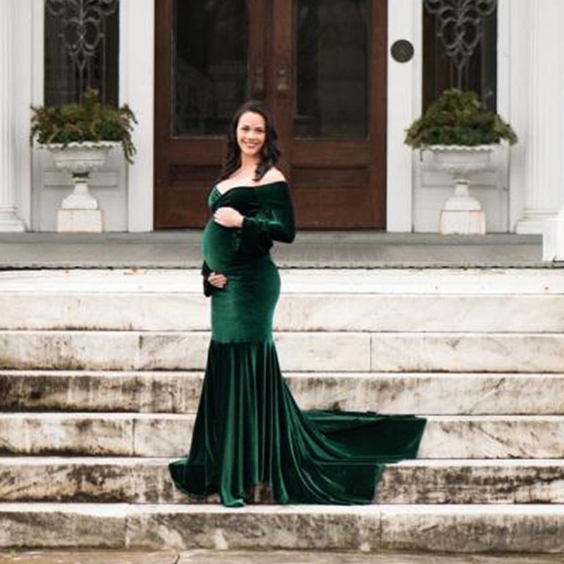 

Maternity Dresses Shoulderless For Po Shoot Long Pregnancy Dress Maxi Gown 2021 Pregnant Women Pography Props, Green