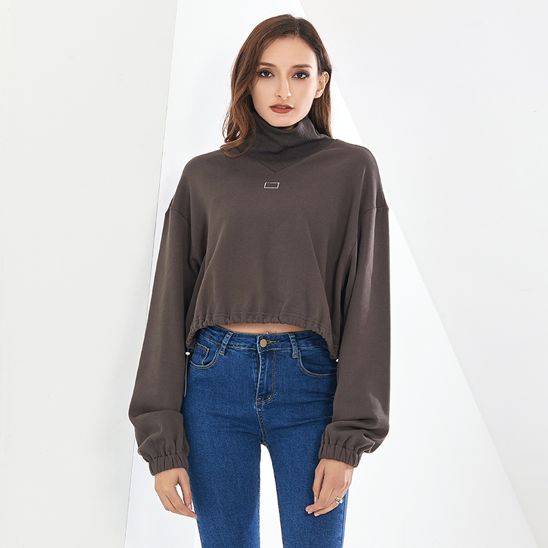 

Drawstring Casual Sweatshirt For Women Stand Collar Long Sleeve Black Short Top Female 2021 Autumn Fashion New Tide