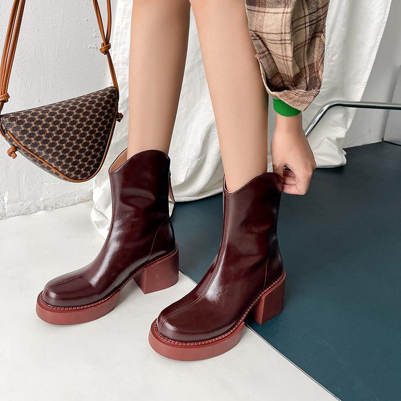 

Boots Women Ankle Natural Leather 22-25cm Autumn And Winter Cowhide Upper Black Shoes Back Zipper Tooling