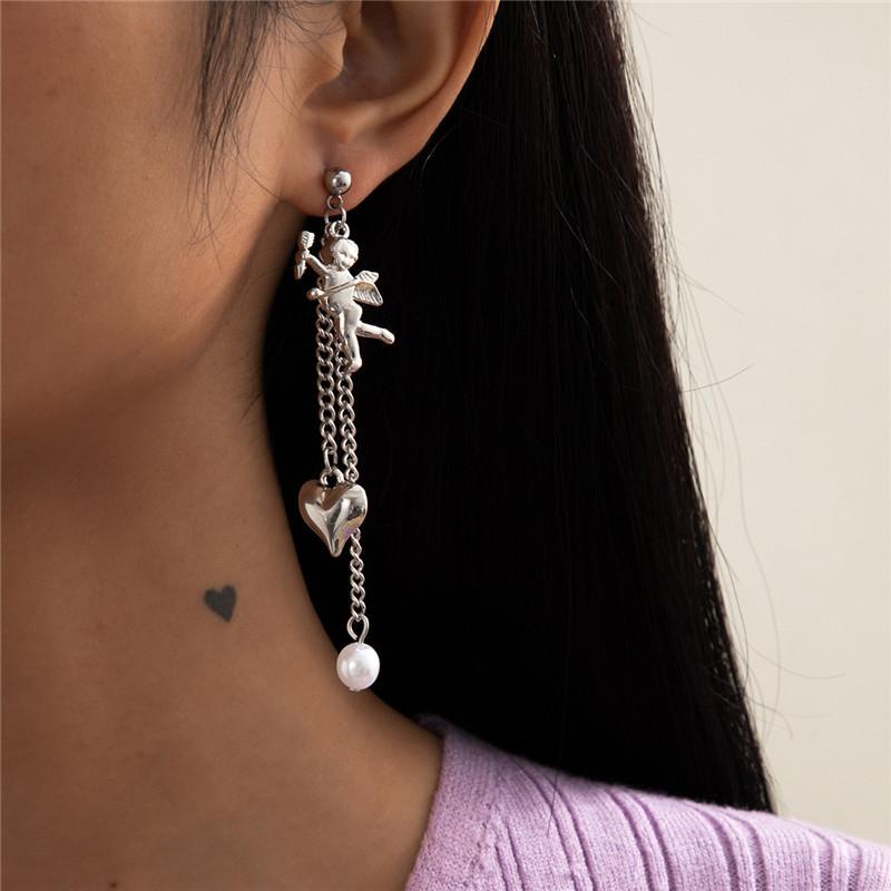 

asymmetric love angle stud earrings geometric heart pearl tassel chain ear drop european women alloy valentine's day gift dangle earrin, Golden;silver