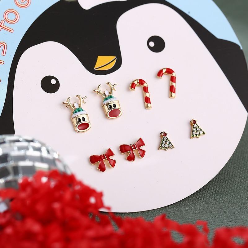 

Stud 4 Pairs Of Cartoon Christmas Deer Ear Nails Tree Bow Head Crutch Earrings Studs For Women, Golden;silver