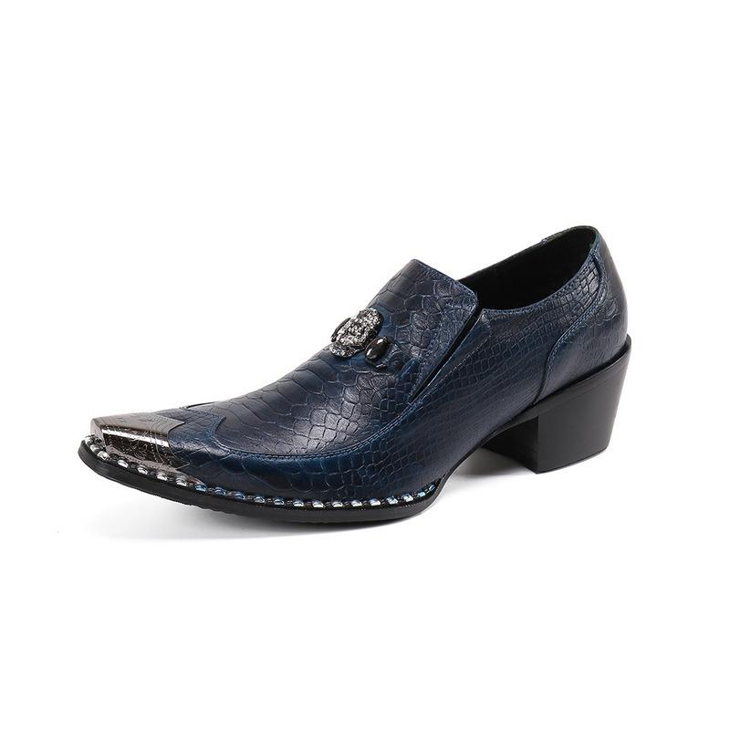 

Dress Shoes Western Fashion Men Pointed Metal Toe Luxury Handmade Men's Leather Blue Height Increased
