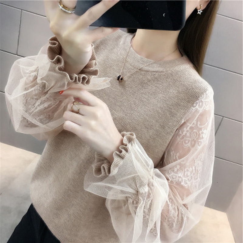 

2021 Fashion Sweater Spring Autumn New o Neck Lace Patchwork Pullover Elegant Solid Long Sleeve Sweaters Women C4qj, 03