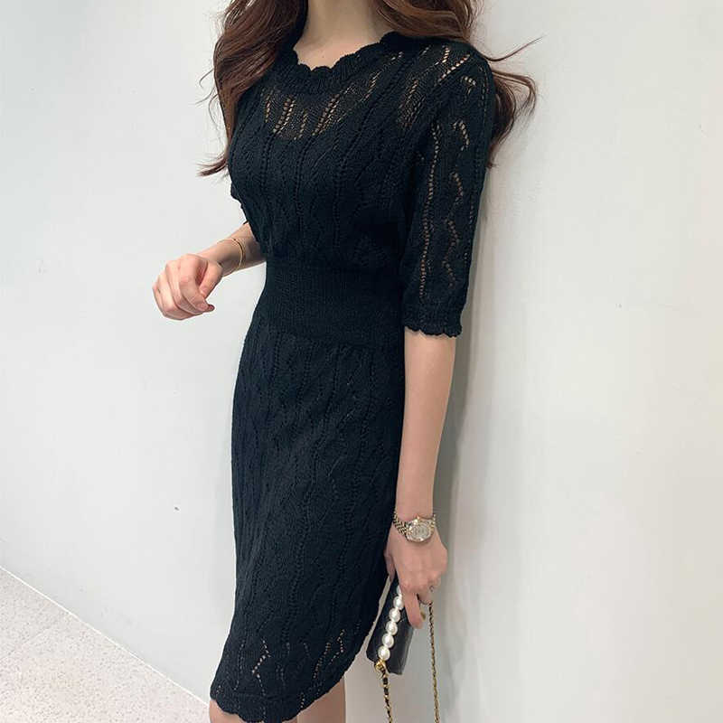 

Summer Fashion Knitted Hollow Out Mini Dress Women Short Sleeve Casual Bodycon Chic Female Vestidos 210526, Black