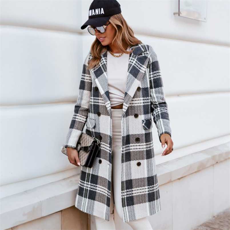 

Women Casual Woolen Coats Autumn Winter Long Sleeve Plaid Jacket Coat Woman Turn Down Collar Double Breasted Cardigan Coat 211110, Gray