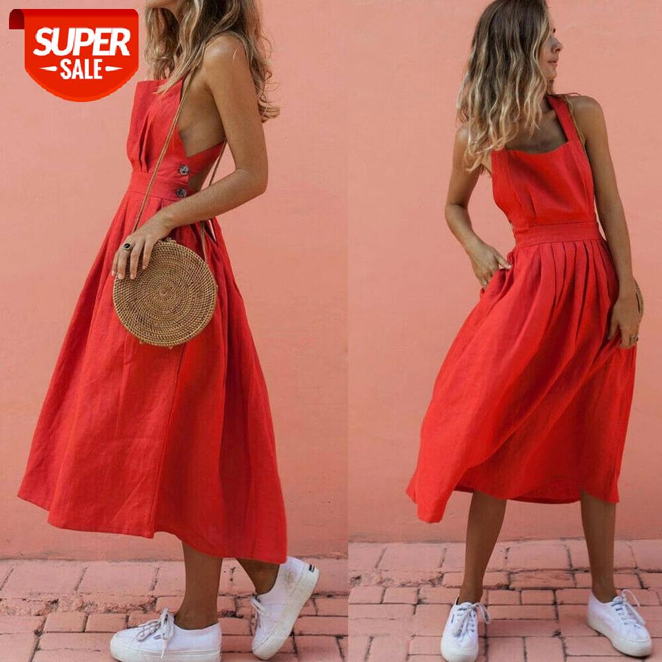

2019 Fashion Women Boho Sleeveless Strappy Dress Ladies Casual High Waist Loose Dress Summer Beach Sundress #ce5o, Black;gray