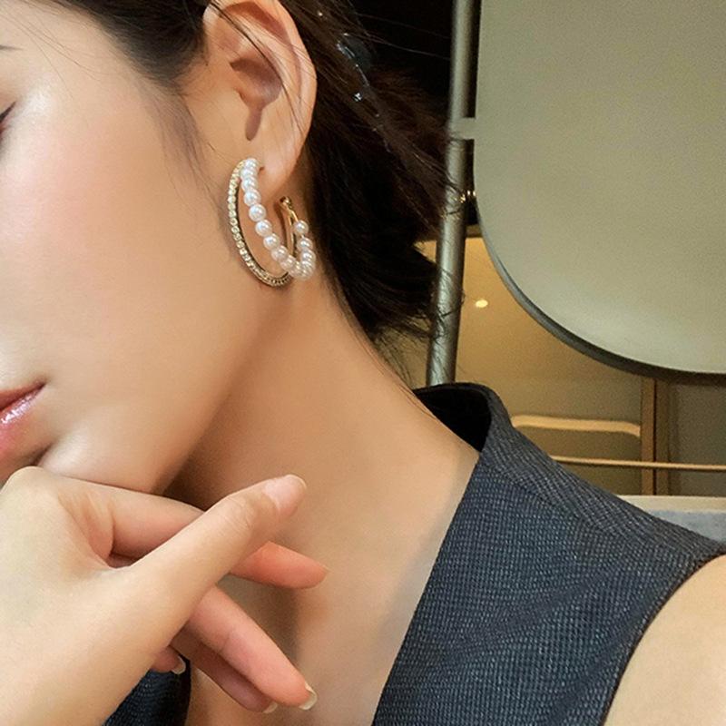 

TIMEONLY Bling Bling Rhinestone Simulated Pearl C Shape Earrings for Women Gold Color Alloy Double Layered Big Hoop Earrings