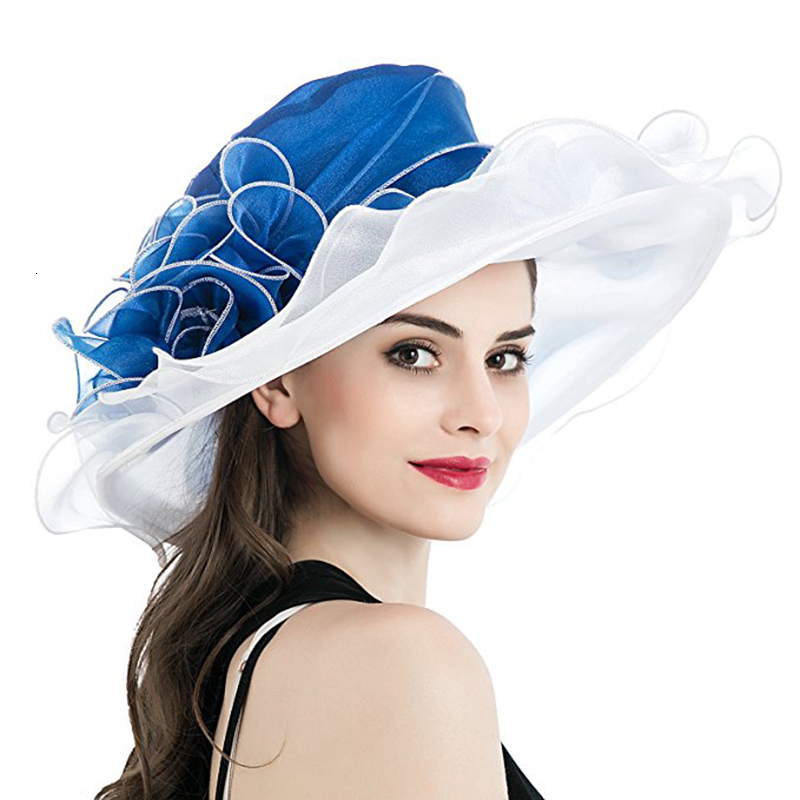 

2021 New Women Derby Luxury Ruffle Floral Aside Patchwork Organza Wide Brim Lady Spring Summer Sun Church Party Wedding Hat Ffn7, White top and black