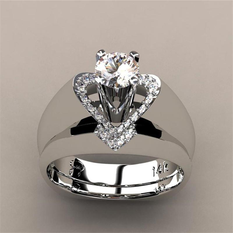Wedding Rings Trendy Female Love Heart Crystal Ring Set Charm Silver Color For Women Luxury White Round Zircon Engagement-image-711578627