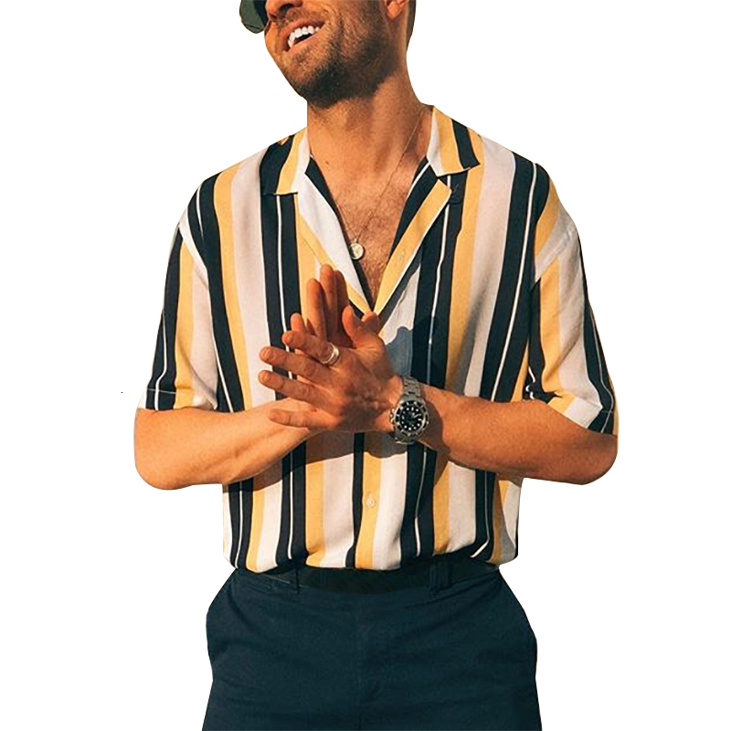 

2021 Toplimit Summer Men in Short Shirts Striped-down Button Turn-down Collar Printing Hawaiian Beach Occasional Version Top Blouse 9vr7, Red