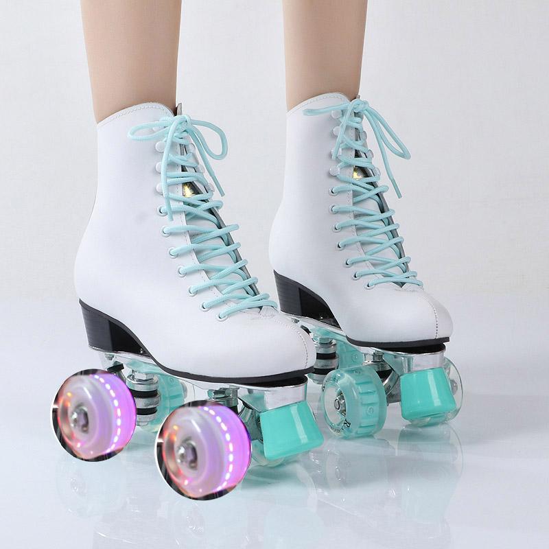 

New style adult double-row skating adult women's four-wheel kraft PU flash roller skates, Green