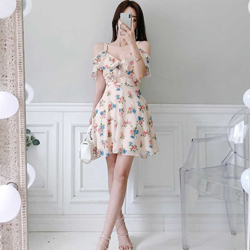

Elegant Light Pink Sweet Floral Printed Ruffle Spaghetti Strap V-neck Chiffon A-line Slim Sexy Short Party Club Dress Summer 210608, White