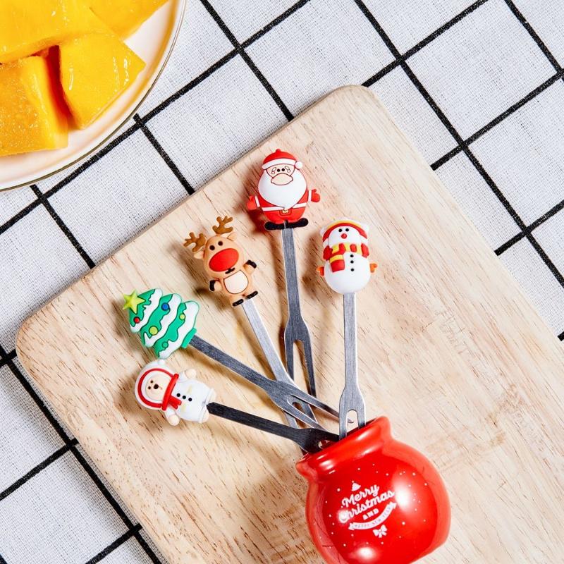 

Dinnerware Sets Christmas Fruit Fork Stick Dessert Year Santa Snowman Elk Decorations Table Accessories Vegetable