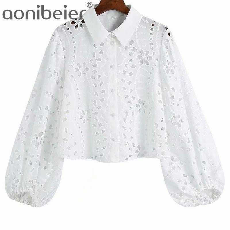 

Summer Fashion Hollow Out Embroidery Women Blouse Lantern Sleeve Casual Loose Crop Tops Female White Shirts 210604