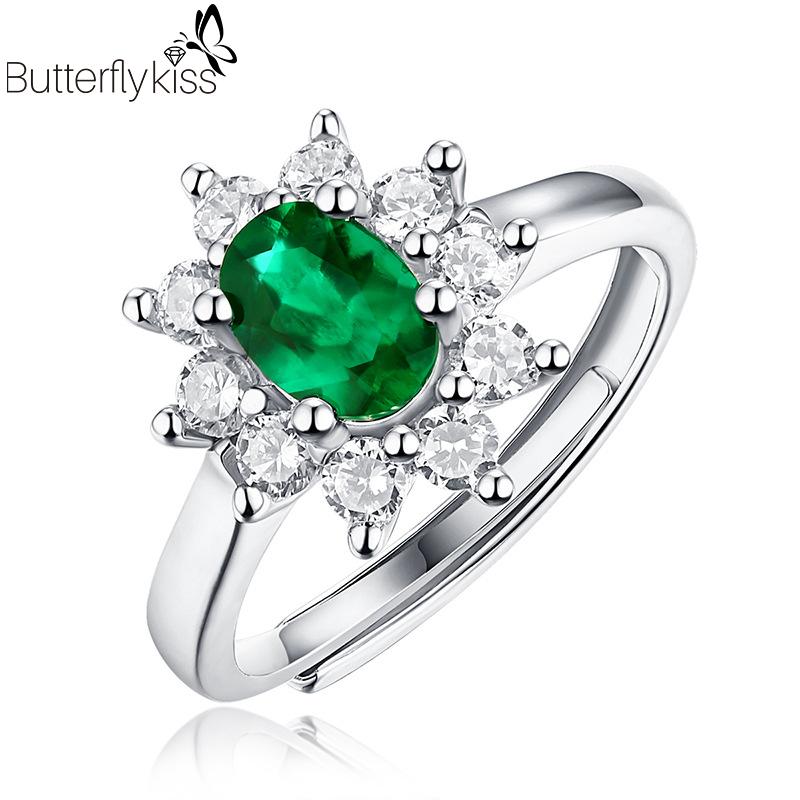 

Cluster Rings BK 925 Silver For Women 1ct Emerald Gemstone Open Adjustable Oval Lab Grown Like Natural Jewelry Engagement Gift