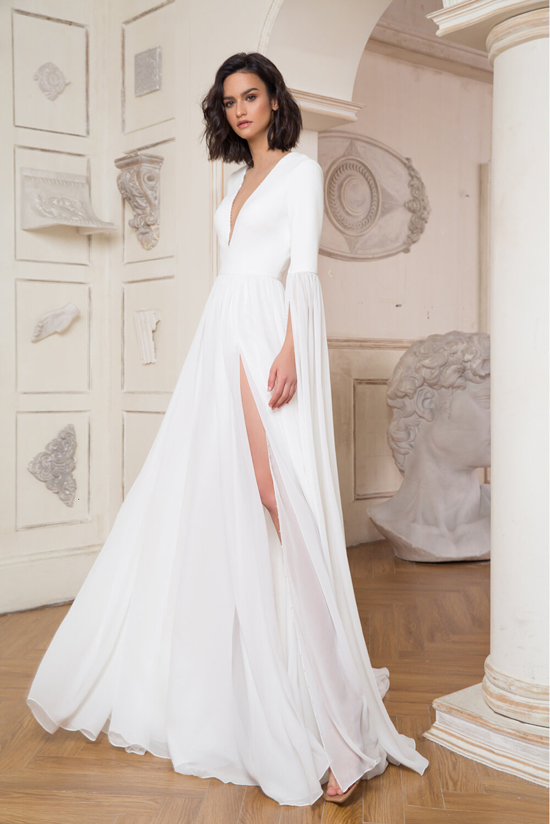 

2021 New Simple a Line Beach Es Side Slit Chiffon Satin Wedding Gowns Elegant Long Sleeves Bride Vestidos De Mariage 5rgn, White
