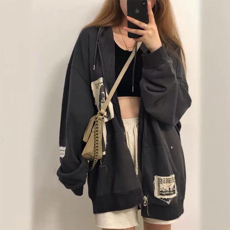 

Women's Hoodies & Sweatshirts Autumn Trend Patchwork Embroidery Retro 90s Nostalgic Style Zipper Sweatshirt Women Harajuku Hip-hop Street Ov