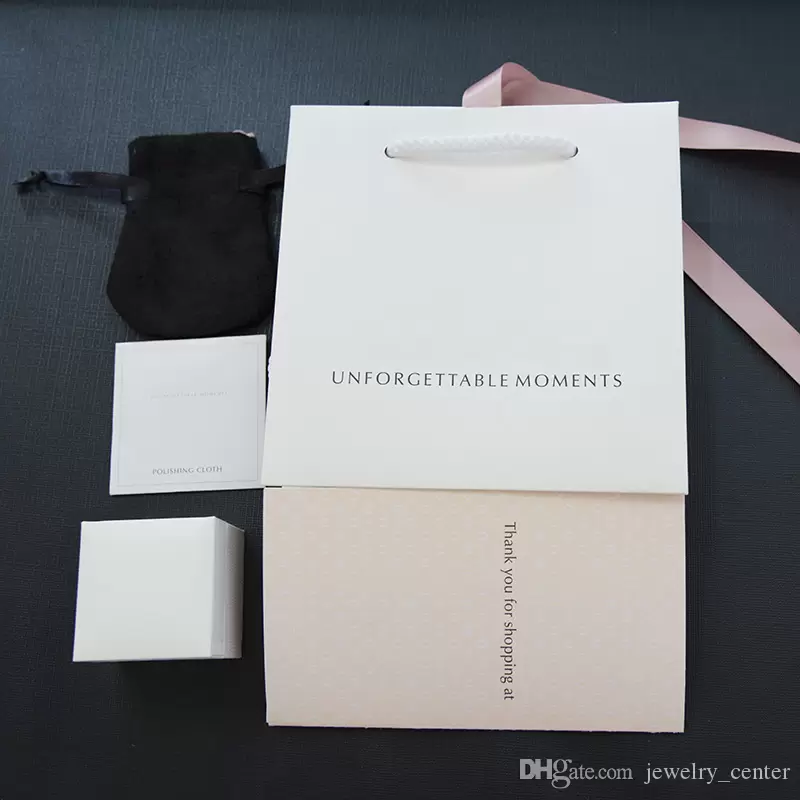 

Original Jewelry Box set Silver Polishing cloth Velvet bag Papers for Pandora Charms Earring Rings Gift boxes, Black;white