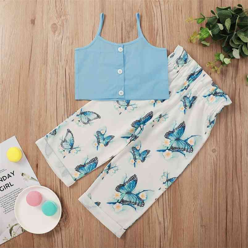 

Summer Children Sets Strap Blue Single Breasted Tops Print Butterfly Trousers Cute 2Pcs Girls Boys Clothes Set 1-8T 210629