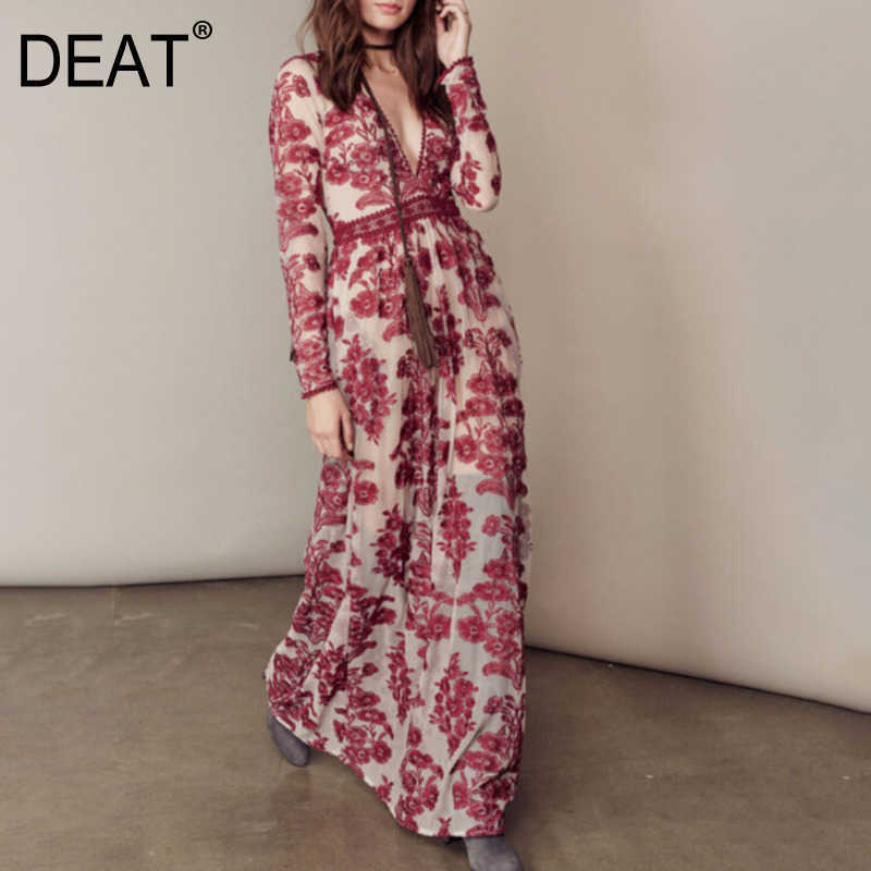

[DEAT] Spring Summer Temperament V-neck High Waist Ankle-length Long Sleeve Printing Vintage Dress Women 13C480 210527, Blue
