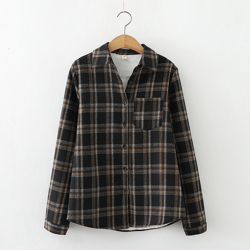 

2021 Winter Plaid Shirts Womens Blouses Thick Veet Long Sleeve Checked Female Clothes Outwear Lady Tops Shirt Coat New Arrival 9bae, Black