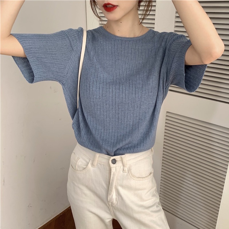 

2021 New Short-sleeved sweater female Korean and was sets of thin ice silk ins net red chic top 2V66, Purple