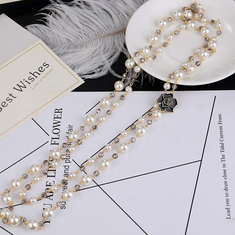 

Chains High Quality Long Pendants Layered Pearl Necklace Collares De Moda Camellia Flower Party Jewelry, Silver