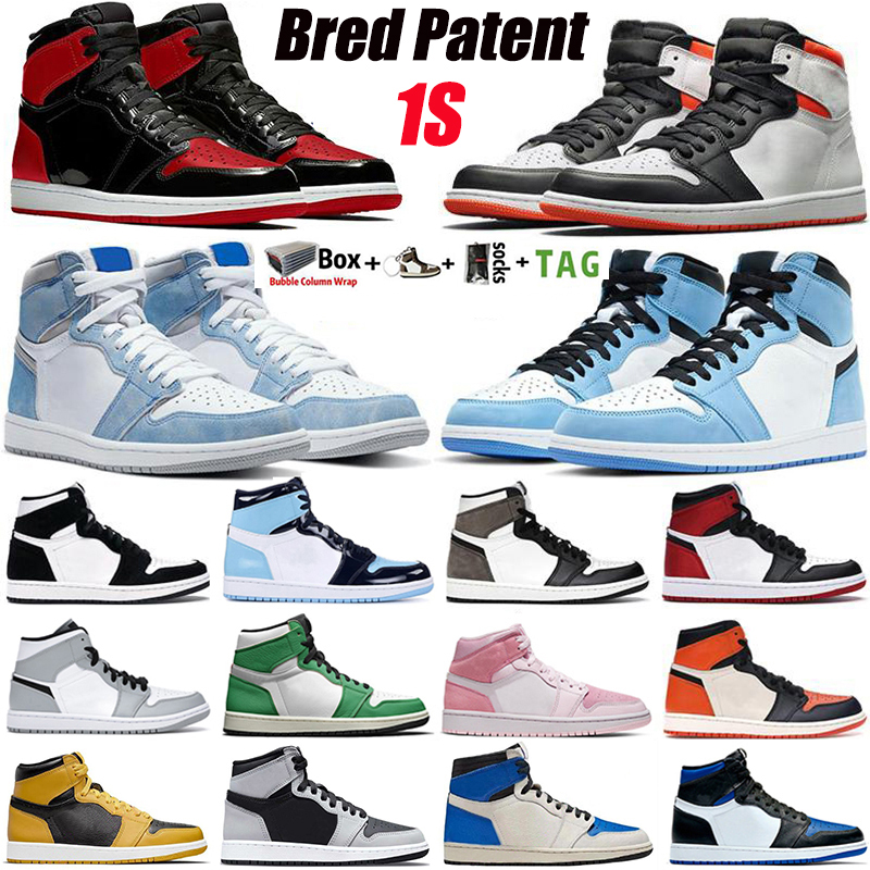 

2021 With Box Basketball Shoes Jumpman 1 1s Hyper Royal University Blue Electro Orange Bred Patent Obsidian UNC Dark Mocha Silver Toe Mens Women Sneakers Trainers, 33