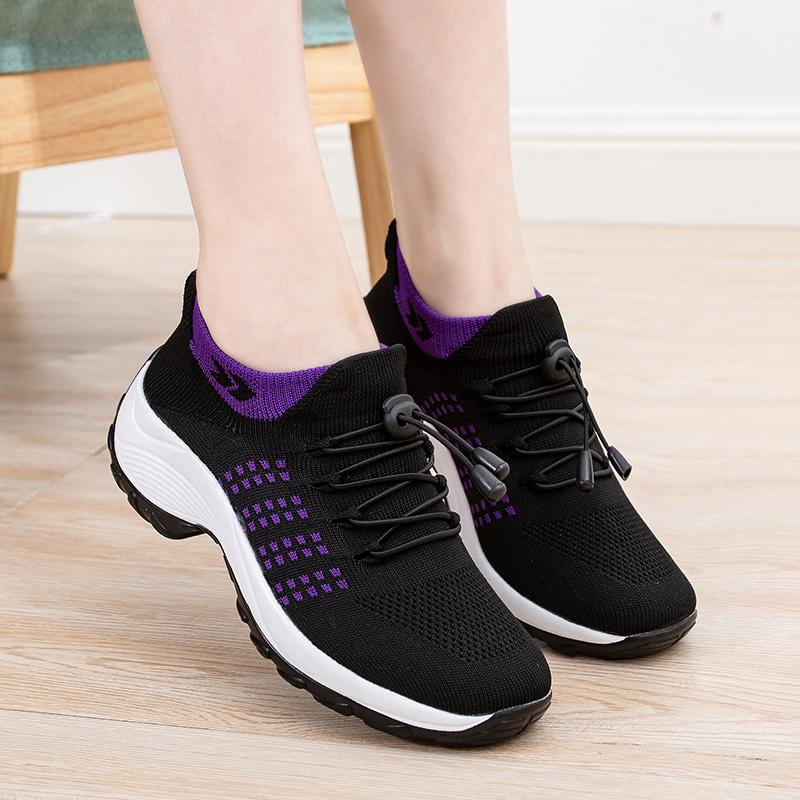

Dress Shoes Women's Sneakers Plus Size Rocking Socks Casual Flying Woven Mesh Sports Lace-up Platform, Black purple