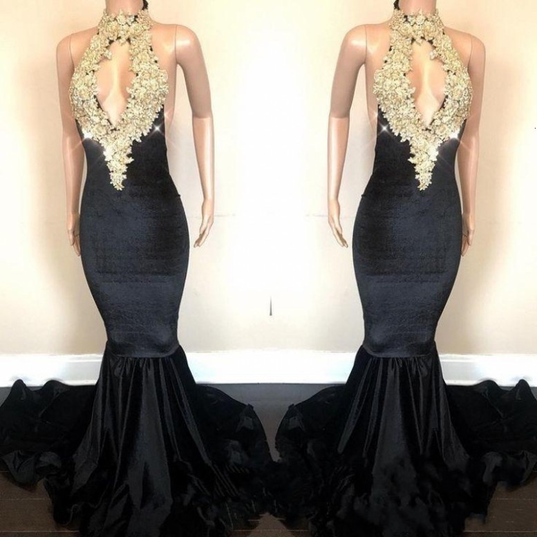

2021 New Sexy Open Back Gold Sequins Appliques Prom Es Mermaid Halter Keyhole Front Long Evening Formal Gowns Totr