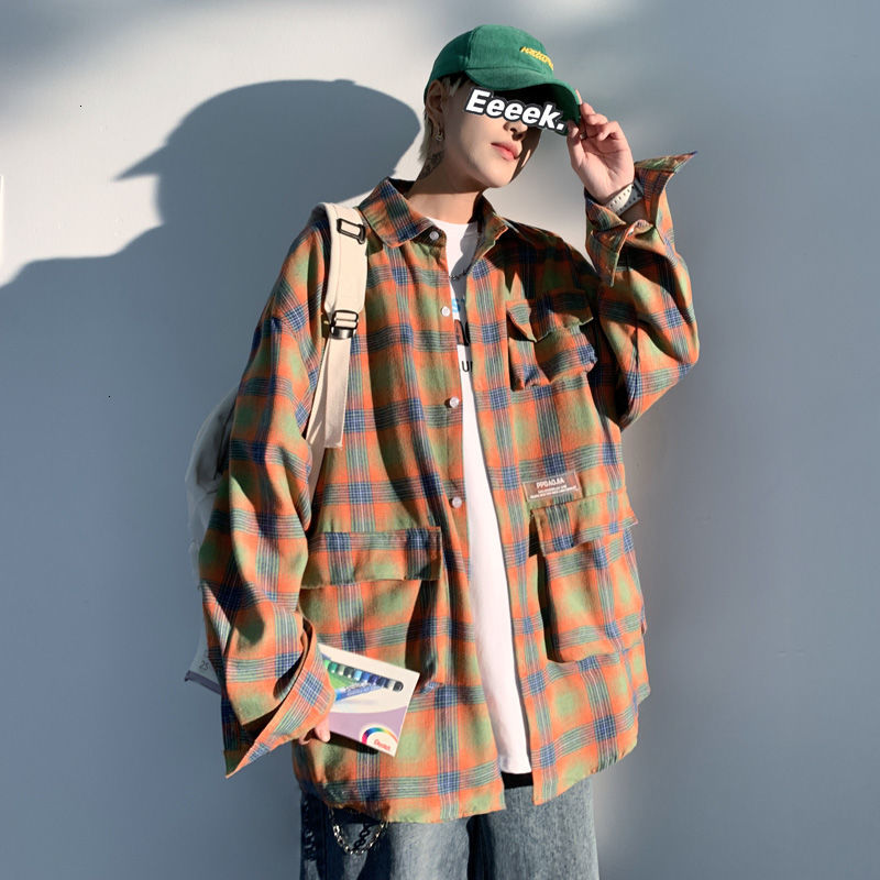 

New 2021 Men's Casual Loose Green Plaid Printing Camisa Masculina French Cuff Mens Long Sleeves Fashion Pocket Shirts -5xl J14z, Green grid