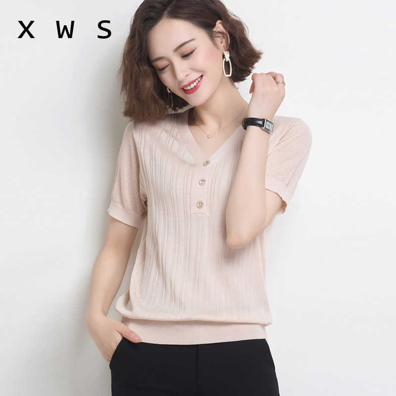 

basic v-neck solid summer Sweater Pullover Women Female Knitted sweater slim short sleeve badycon sweater jumper 210604, Black