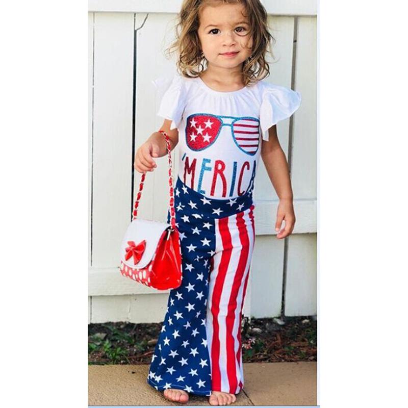 

Clothing Sets 12M-4T Summer 2021 Toddler Kids Baby Girls Clothes Star Independence Day Romper Flared Pants Outfits Set Baby's, White