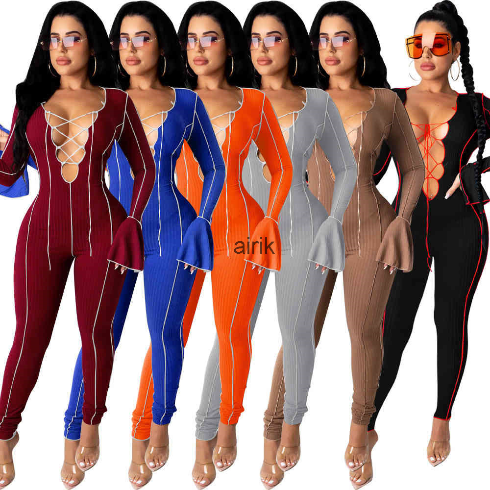 

Women Jumpsuits sexy bandage onesies open navel horn sleeve piece nightclub bodysuit designers clothes, Orange