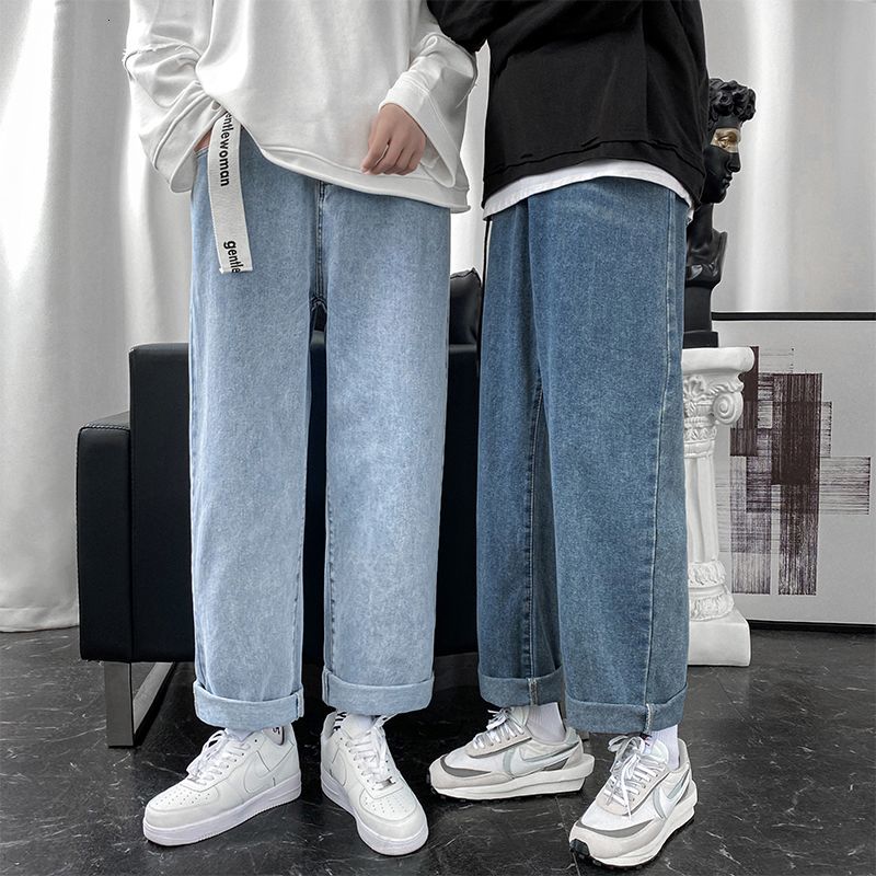 

2021 New Autumn Winter Plus Veet Men's Fashion Retro Casual Wide-leg Jeans Men Streetwear Hip-hop Korean Straight Denim Pants E20u, Light blue