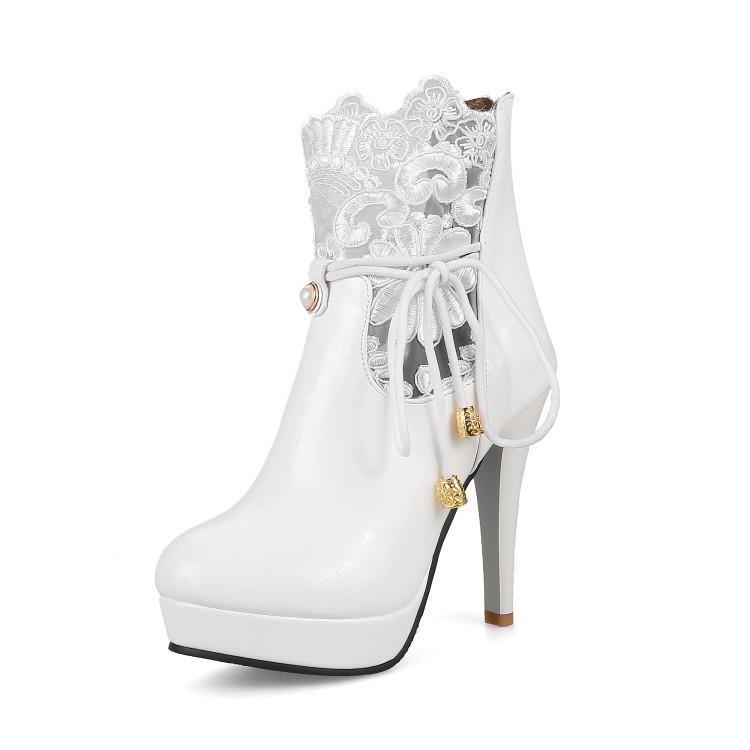 

Dress Shoes Autumn And Winter High Heeled Short Boots Fashion Lace Thin Heel Size Women's, Black