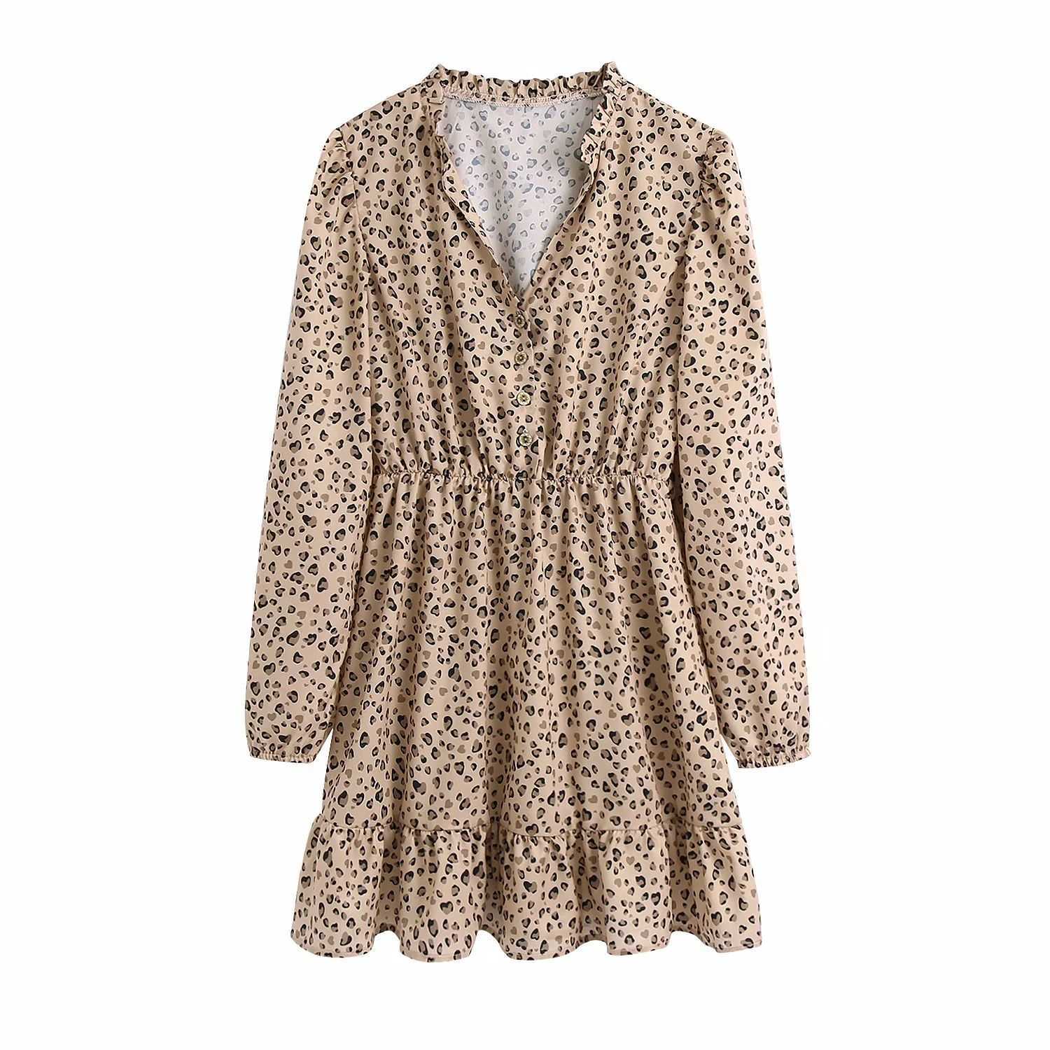 

Women Dress Leopard Printed Short Mini dress Long Sleeves Chic Lady Fashion Vintage Casual Woman Dresses 210709, As picture