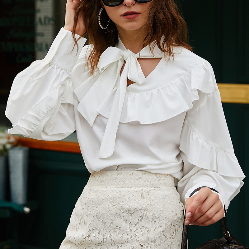 

2021 New Women Spring Ruffle Patchwork Blouses Casual Lace-up Long Sleeve Shirt Female Autumn White Chic Pullover Tops Vwf8